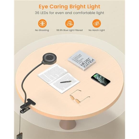 5W Clip on Light, 36LED Eye Caring Reading Light for Bed, 3 Colors & 5 Brightnes - Picture 2 of 7